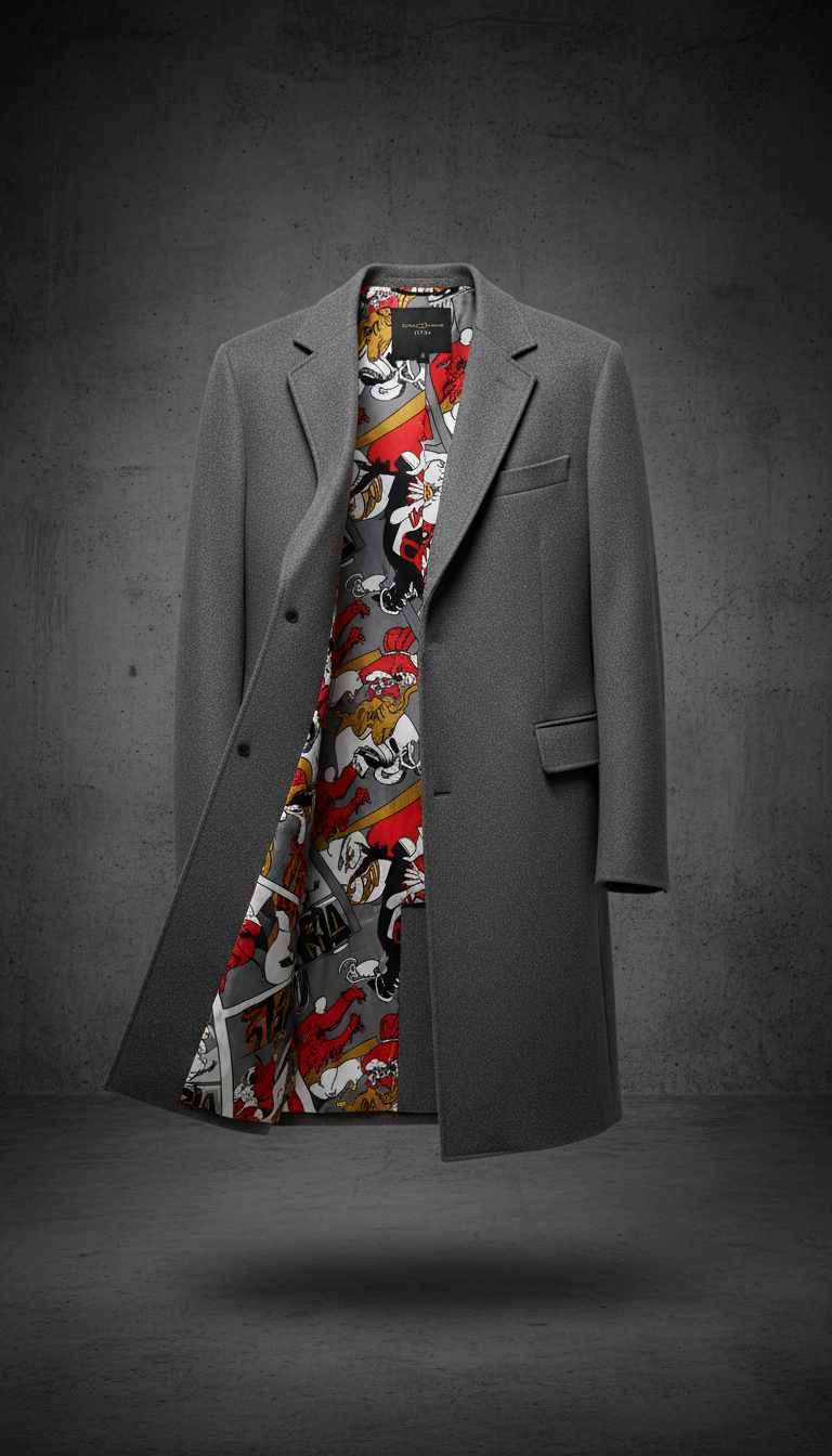 Urban Grey tailored overcoat with animated print lining